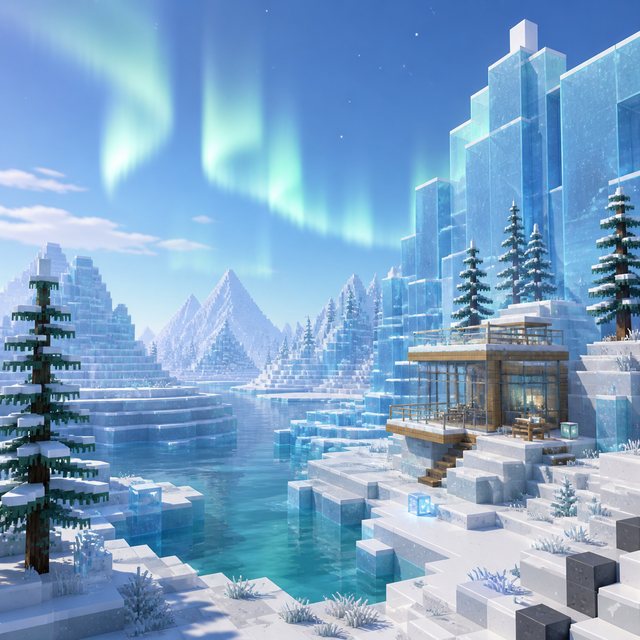 Bright arctic voxel landscape with ice cliffs, cabin and aurora