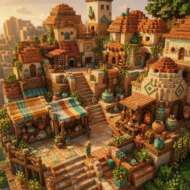 Handcrafted terracotta voxel village with pottery and market stalls