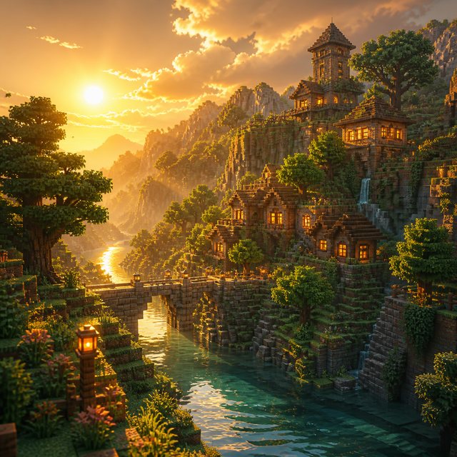 Voxel mountain village and river in cinematic golden-hour light