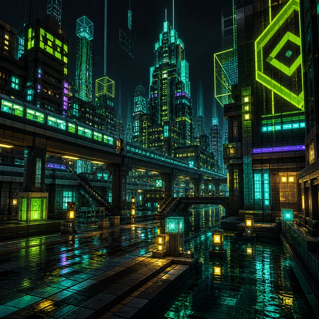 High-contrast voxel cyber city with teal and lime lights
