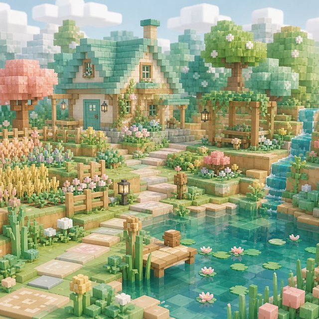 Pastel voxel cottage, flower garden and pond