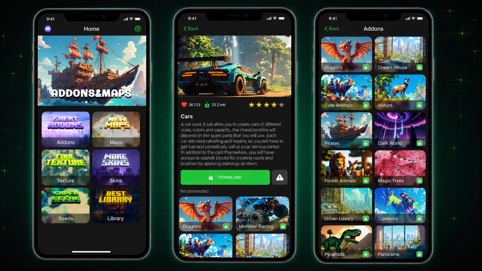 Addon Hub: browsing categories, an item detail page and the add-ons gallery