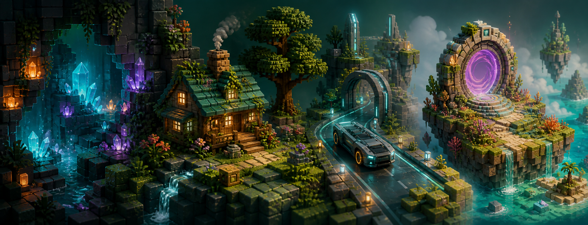 Original voxel worlds with a crystal cave, cozy cabin, road and fantasy portal