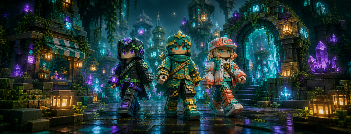 Three original voxel characters in a glowing cyber-fantasy customization district