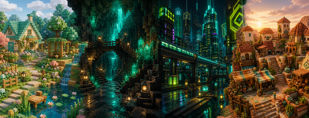 Voxel scenes showing different texture pack styles