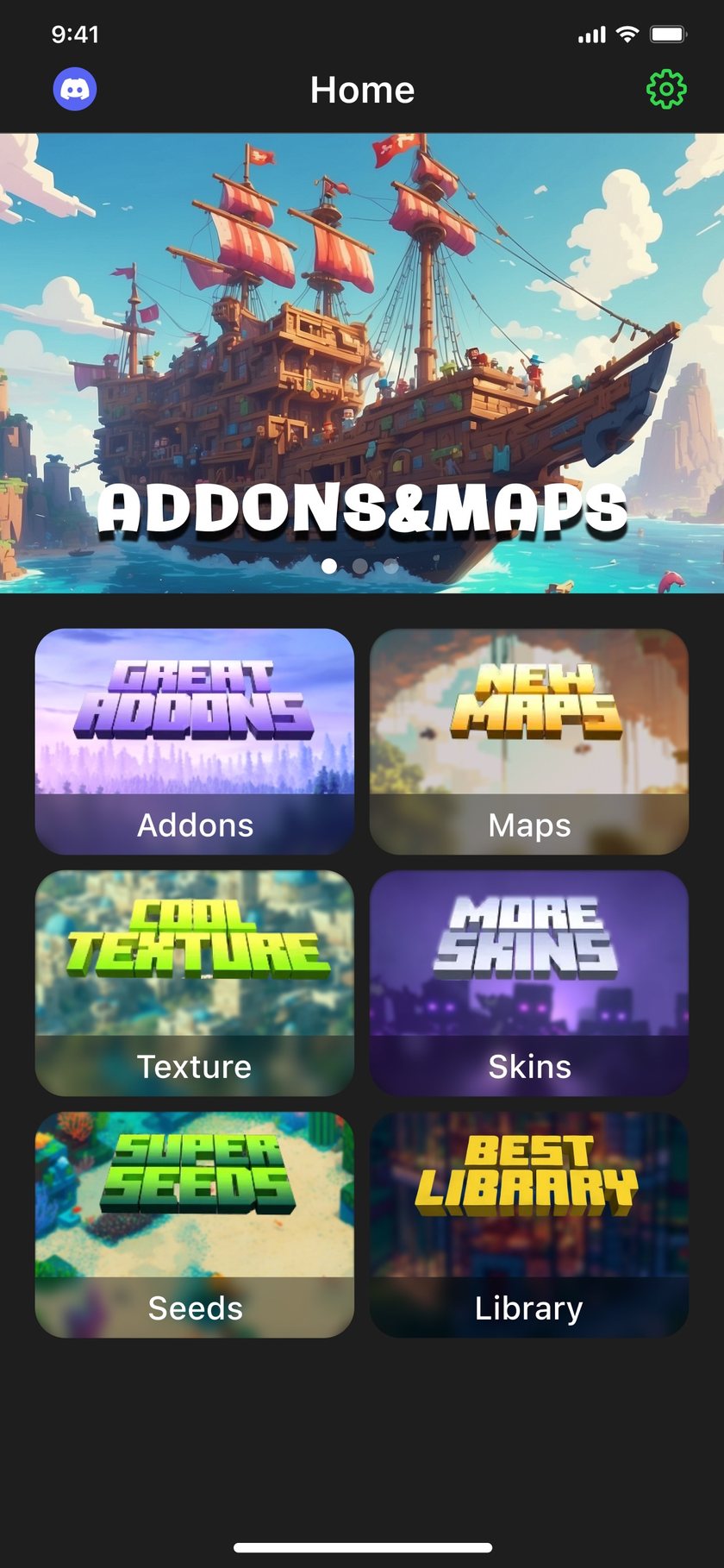 Addon Hub home screen with add-ons, maps, textures, skins, seeds and library categories