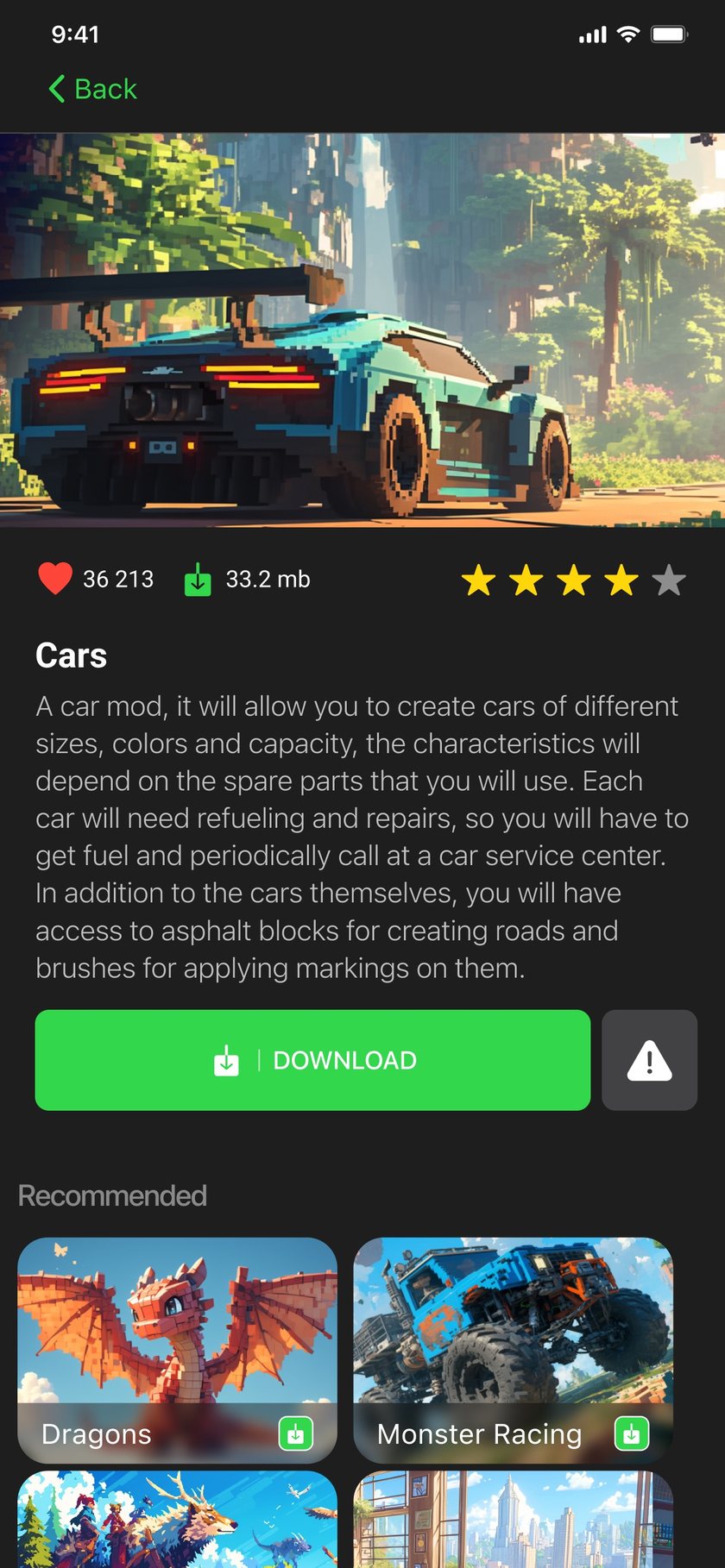 Addon Hub add-on detail page with preview, description, rating and download button