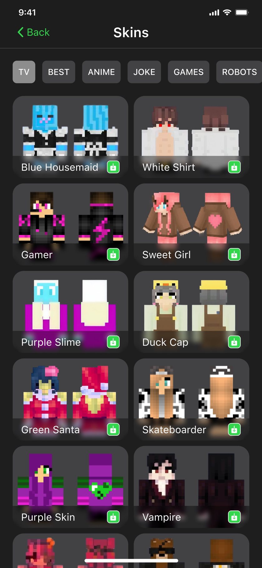 Addon Hub skins screen with category filters and downloadable skin cards
