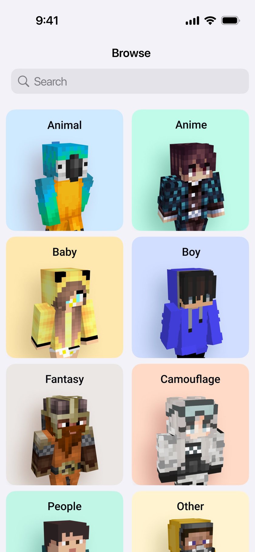 Skin Maker browse screen with a search field and skin categories