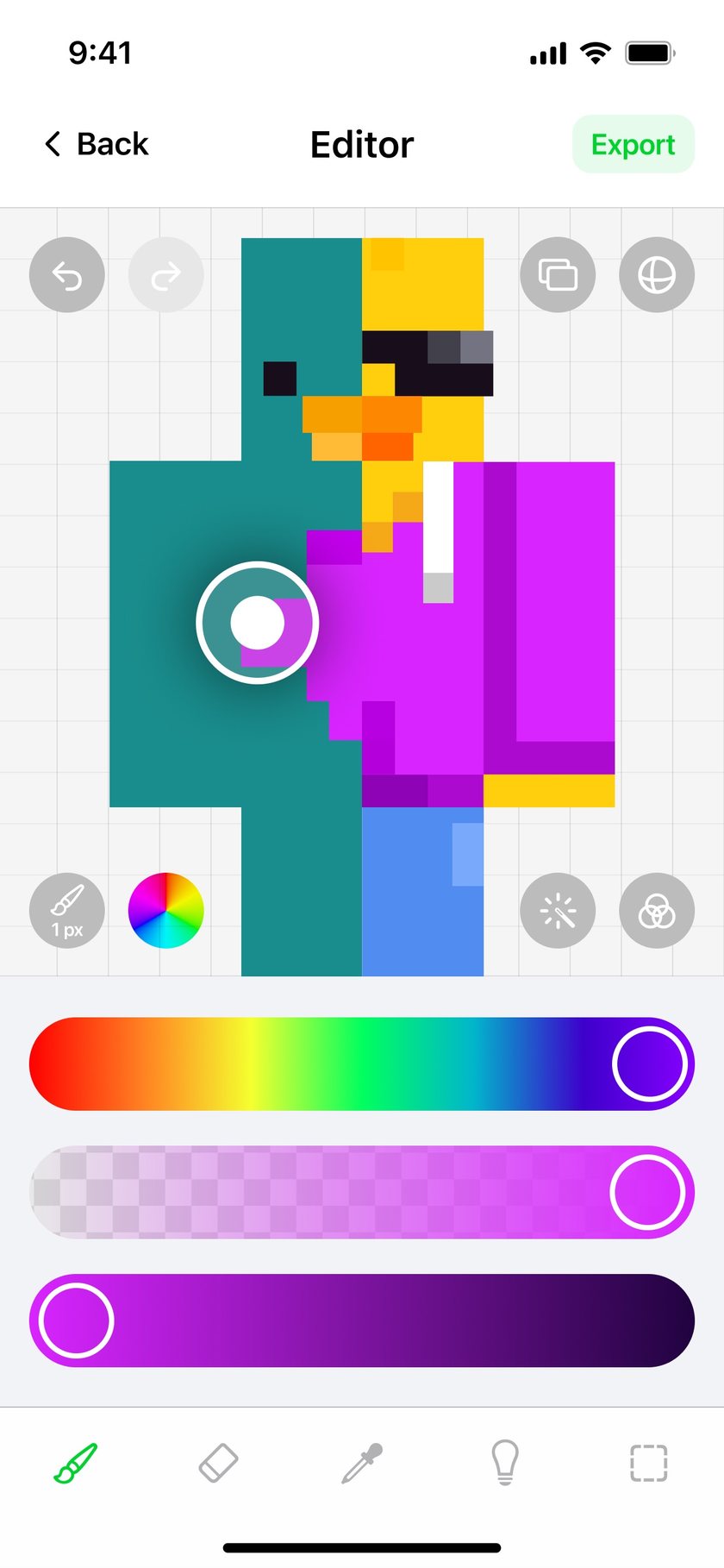 Skin Maker editor with pixel canvas, color controls and drawing tools