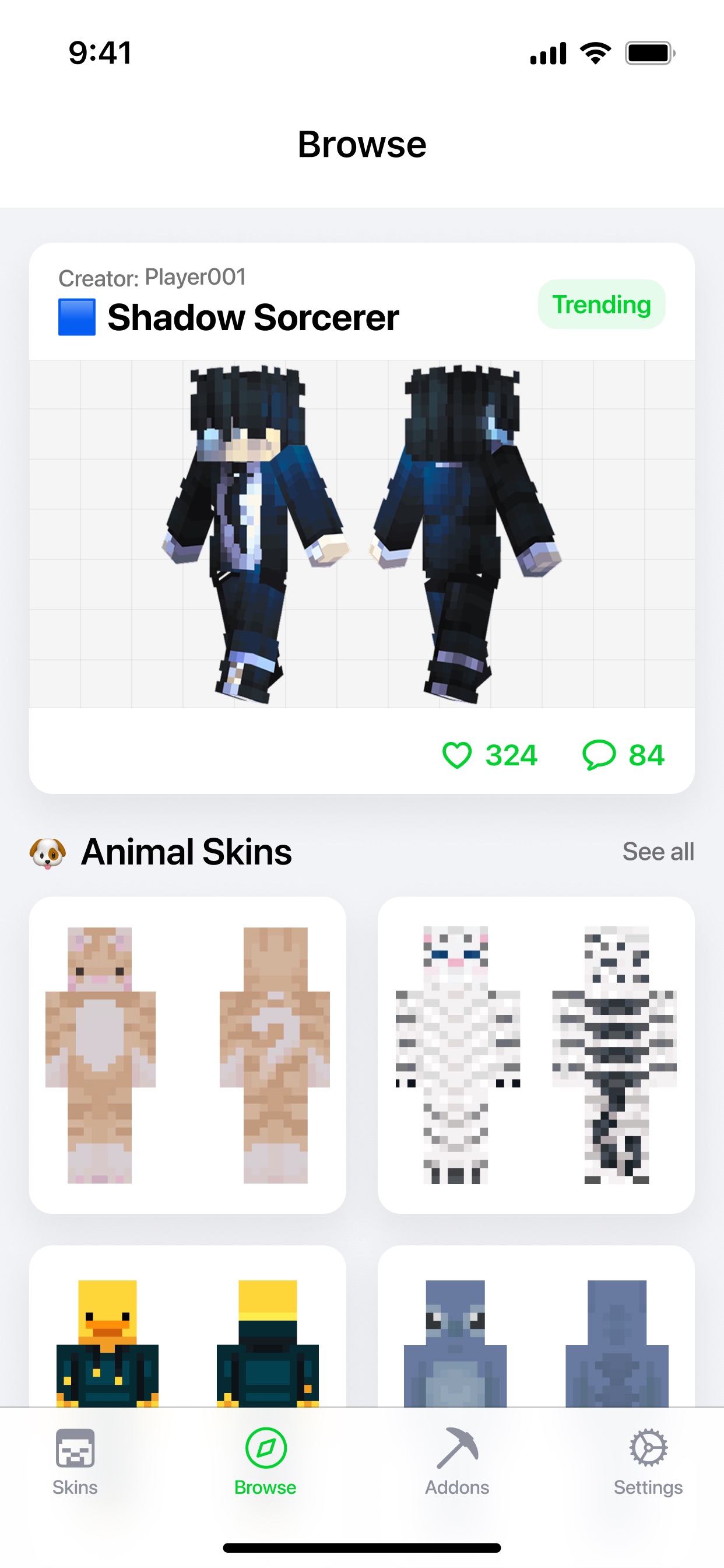 Skin Maker browse screen with a trending skin and themed skin categories