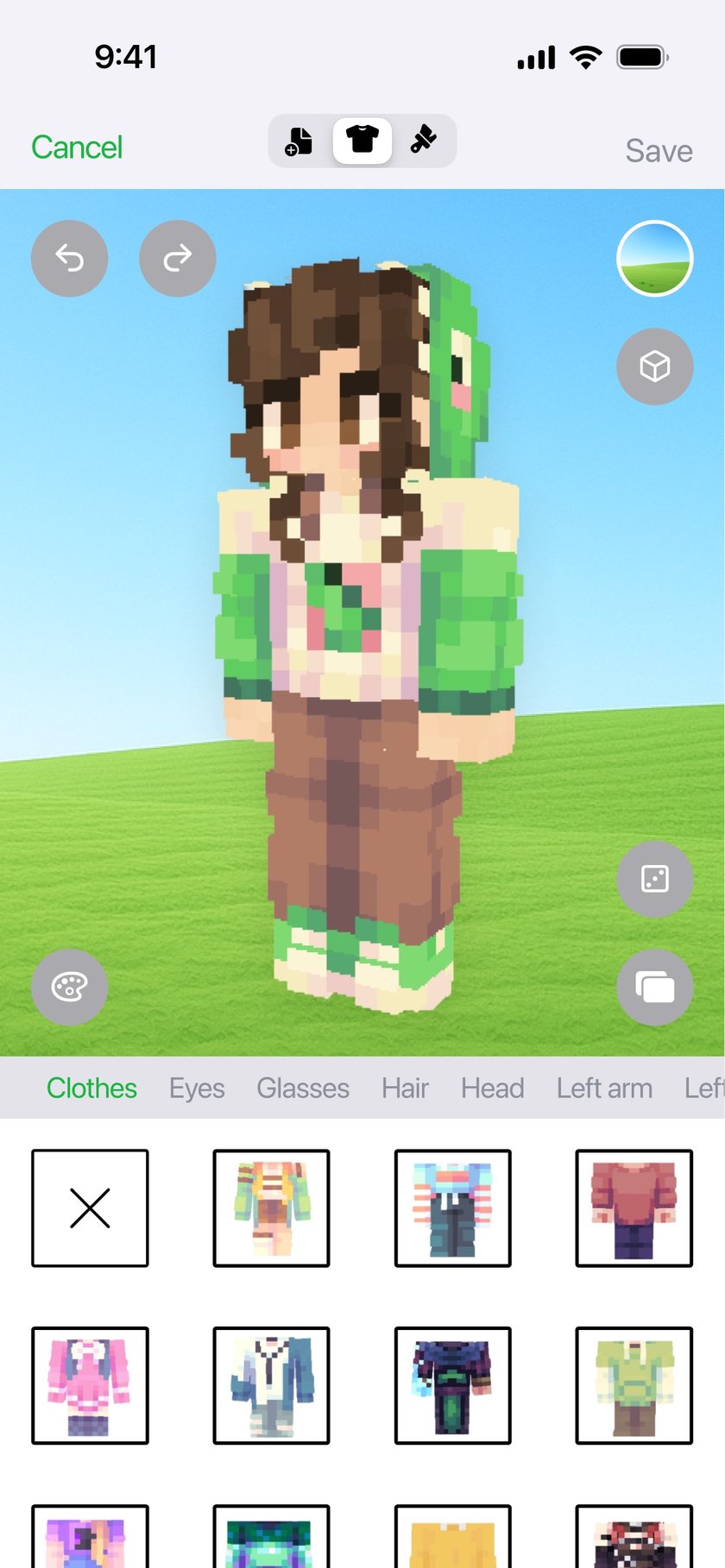 Skin Maker 3D character preview with clothing customization controls